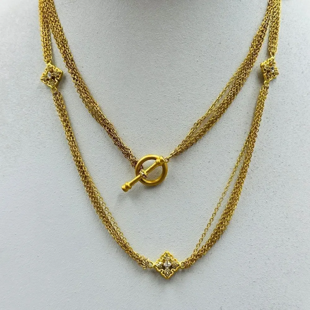 FAS Gold Tone Long Multi Chain Necklace w/Clear Charms . EUC!